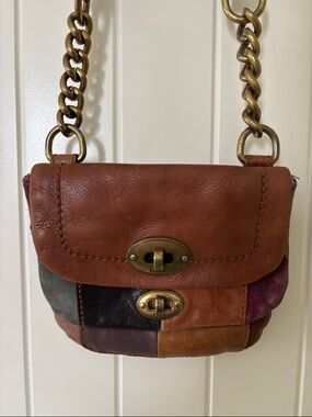 Fossil Patchwork Leather Mini Crossbody Bag Chain Strap Brown Multicolor